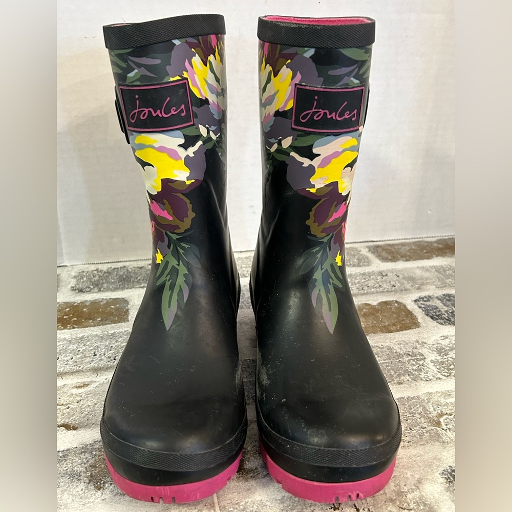 Joules Molly Mid-Height Rain Boots Black Pink Floral Wellington Wellie